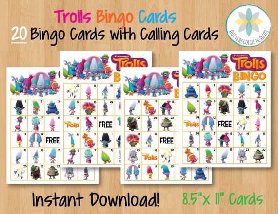 Trolls Printable Bingo Cards 20 Different Cards Instant