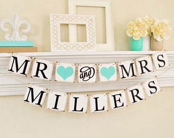 Wedding Banner, Mr And Mrs Banner, Wedding Signs, Mr And Mrs Sign, Wedding Decor, Wedding Table Sign, Light Teal Wedding Decorations, B205