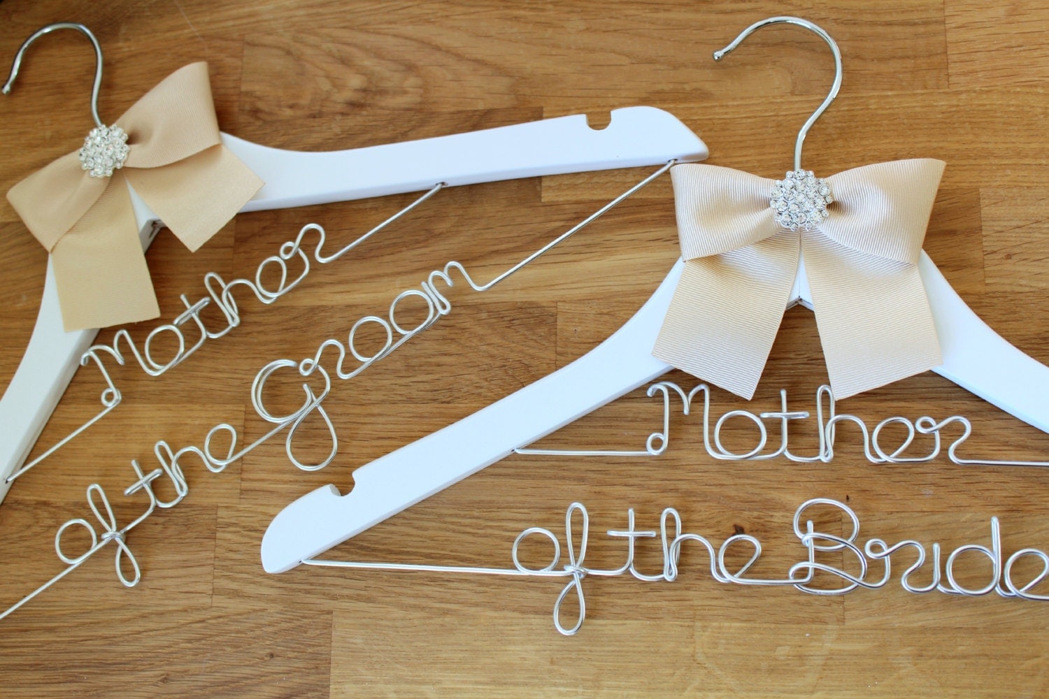 Personalised white wedding dress hanger with bow and vintage