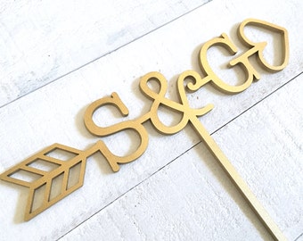 Arrow Cake Topper with Initials and Heart | Custom | Rustic Wedding | 7 inches | Ngo Creations