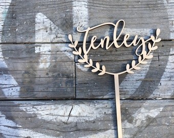 Half Wreath Single Name Cake Topper 6" inches | Birthday | Weddings | Custom Name | Personalized | Wood Laser Cut Toppers by Ngo Creations