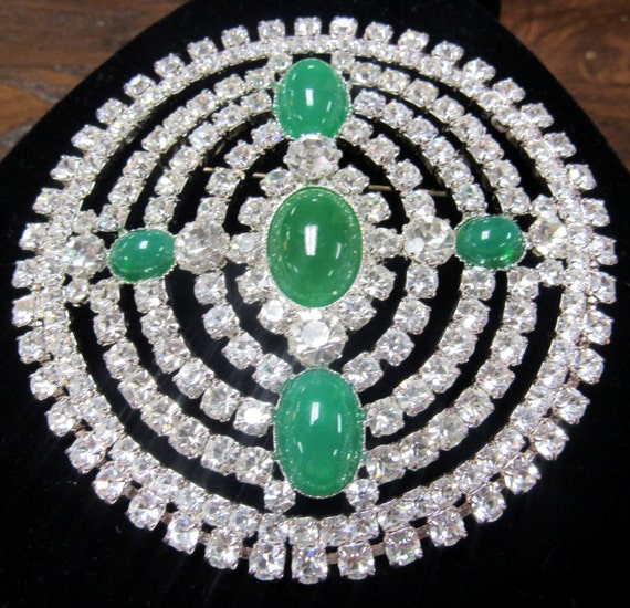 Huge Rhinestone Brooch with green stones made in Czechoslovakia Art Deco