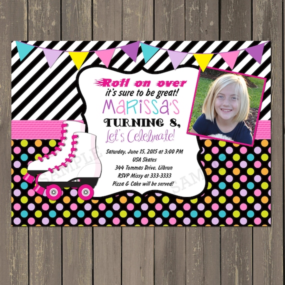 Roller Skating Invitation, Roller Skate Birthday Party Invite, Girls skate party, black and hot pink, photo invitation, Printable or Printed Il_570xn