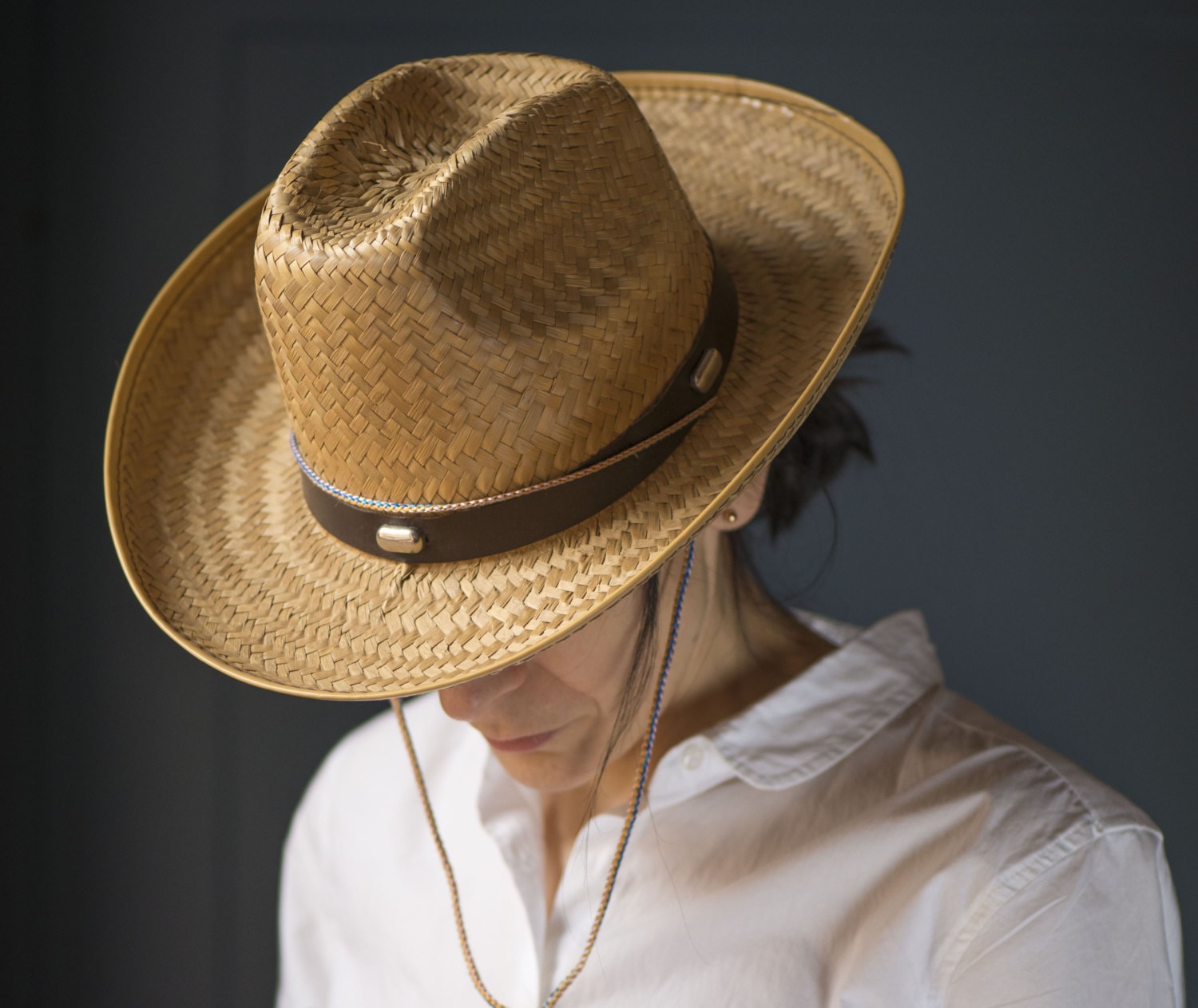 Vintage straw hat Cowboy style hat 80s unisex straw hat
