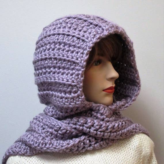 Light Lavender Purple Hooded Scarf Chunky Crochet Scarf