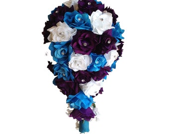 Cascade Wedding Bouquet - Turquoise, Purple, and White Rose Teardrop Bouquet