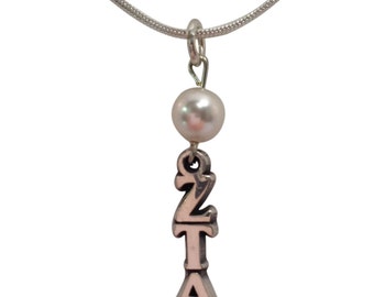 Zeta Tau Alpha ZTA Sterling Silver Lavalier w/ White Pearl and Chain - Hand Made