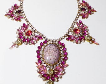 Husar D. Czech Glass Statement Large Pink Mottled Cabochon, Shades of Pink Rhinestone Necklace