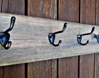 Wall Coat Rack, Rustic Wood Holder, 5 Thick and Beefy Hooks, from Reclaimed Stair Tread Wood,for Coats, Hats, Towels, and more, 30" long