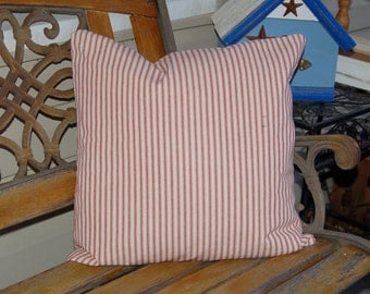 Red and White Mattress Ticking Accent Pillow Cover - 18X18