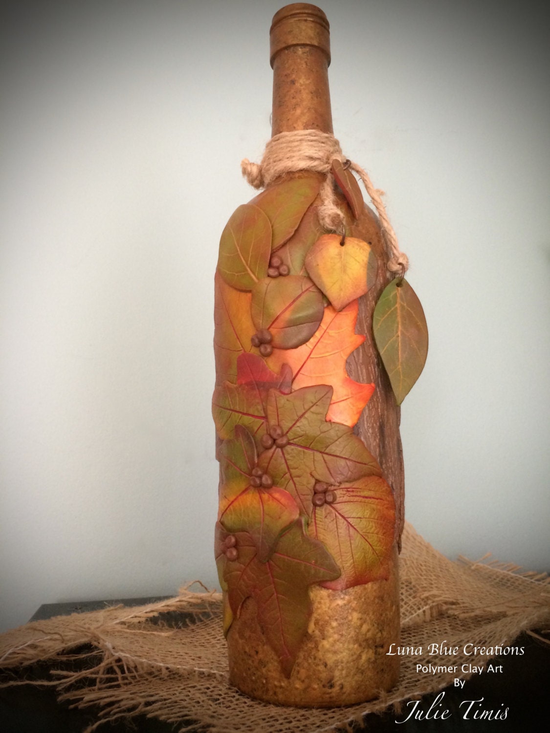 Polymer Clay Covered Wine Bottle Autumn leaves Wine Bottle