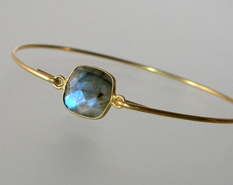 Labradorite Gemstone Bangle Bracelet, Grey Bangle, Gemstone Bangle, Gold Bracelet (Gm293G)