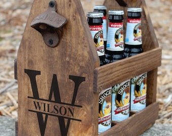 MONOGRAM LETTER Rustic Wood Beer Tote - Beer Carrier - Beer Caddy - Man Cave - Brewery - Personalized - Bottle Opener - Repurposed Wood