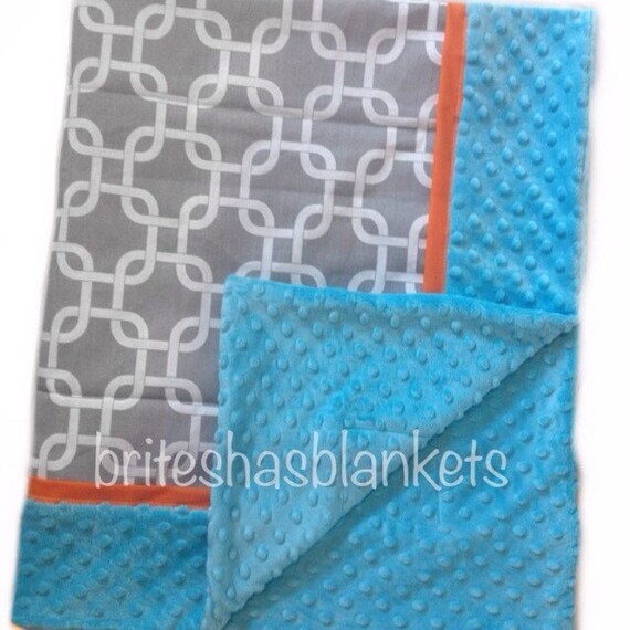 Grey orange turquoise blanket with turquoise minky dot