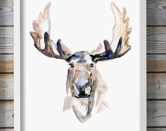 Moose Watercolor painting - Giclee art print - Moose painting Watercolour Animal Painting Antler aquarelle Zen painting
