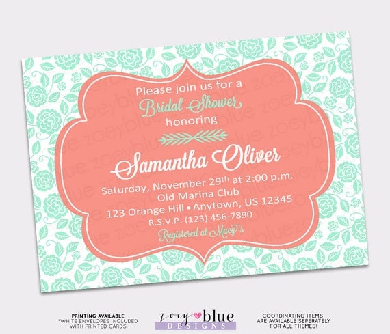 Mint And Coral Bridal Shower Invitations 4