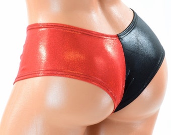 Red & Black Metallic Harlequin Ultra Cheeky Booty Shorts Hot Pants Cheekies for Harley Quinn Cosplay -E8024