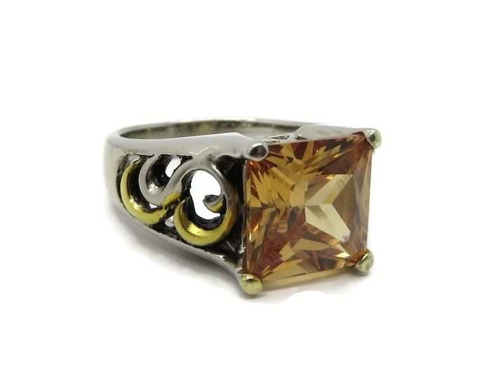 Vintage Citrine Two Tone Sterling Silver Ring, Filigree Band, Engagement Ring, Size 7