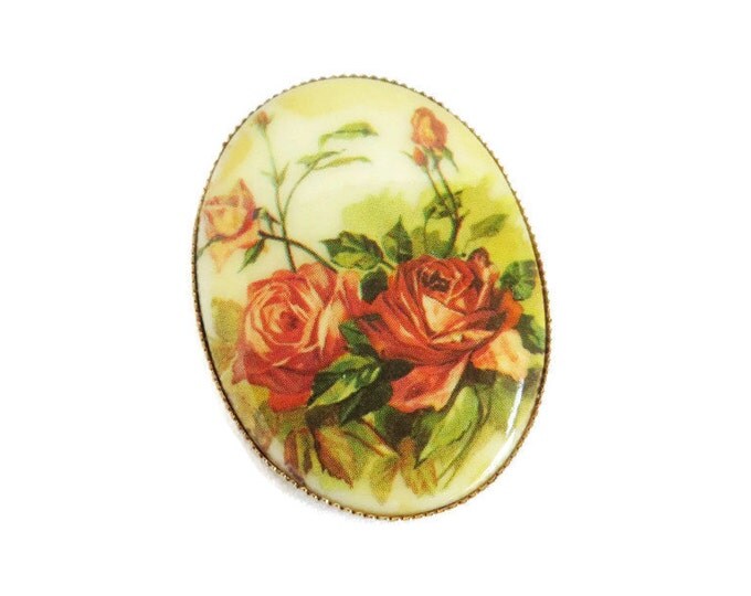 Rose Brooch, Porcelain Pin, Vintage Roses Brooch, 1950s Oval Floral Transferware Pin, Antique Style Muted Roses Pin Rose Brooch, Porcelain Pin, Vintage Roses Brooch, 1950s Oval Floral Transferware Pin, Antique Style Muted Roses Pin