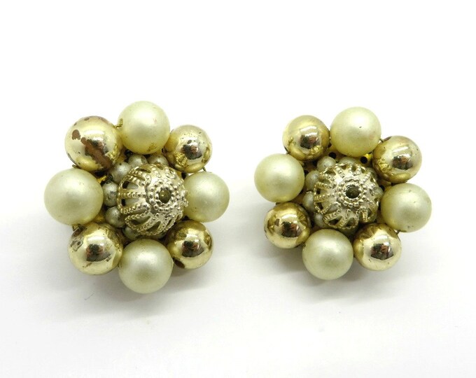 Faux Pearl Japan Earrings, Vintage Goldtone Bead Earrings, Cluster Clip-on Earrings