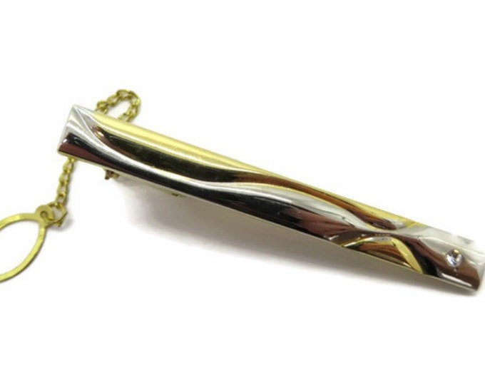Vintage Two Tone Tie Bar, Tie Clip with Chain, Men's Suit Accessory, Formal Wear, Gift for Him