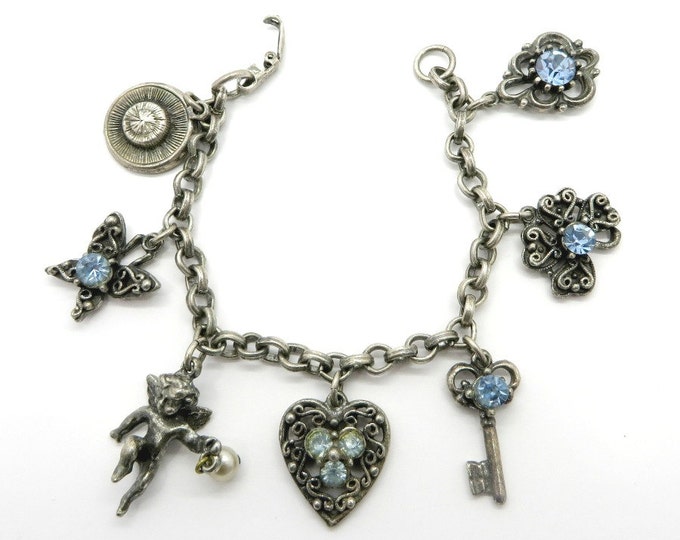 Coro Charm Bracelet, Vintage Silver Tone Rhinestone Cupid Heart Key Flowers Blue Rhinestone Charm Bracelet, Gift for Her