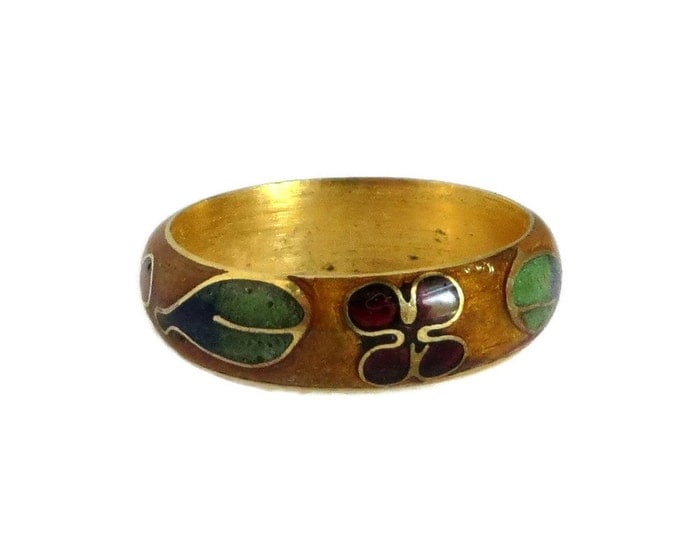 Vintage Cloisonne Band Ring, Red Brown Green Enamel Ring, Size 5.5