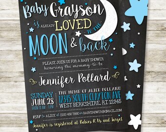 Love You To The Moon and Back Baby Shower Invitation | Boys Baby Boy Shower DIY Printable Invite in Blue and Soft Yellow, 5