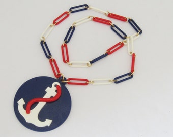 Vintage Jewelry Blue,Red, White Anchor Lucite Necklace 30''
