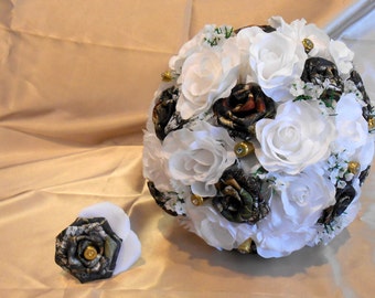 Camo Wedding Bouquet, Camo Bridal Bouquet, Camo Wedding, Mossy Oak Camo, White Silk Flowers, Camo Wedding, Bullet Shells