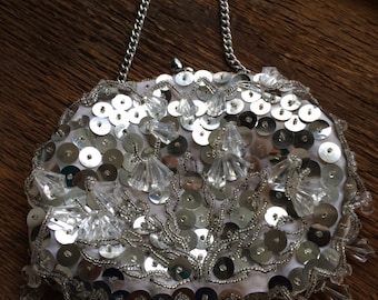 Vintage Silver and White Beaded and Sequined Evening Bag Made in Hong Kong