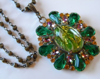 Vintage Signed Husar D Czech Pendant Necklace Czech Green Glass Pendant Czech Statement Necklace