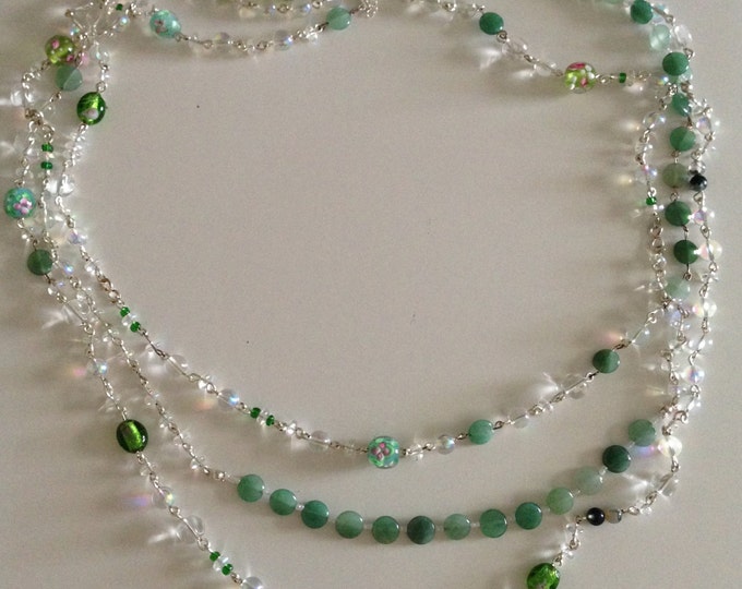 hand beaded white, green & silver necklace
