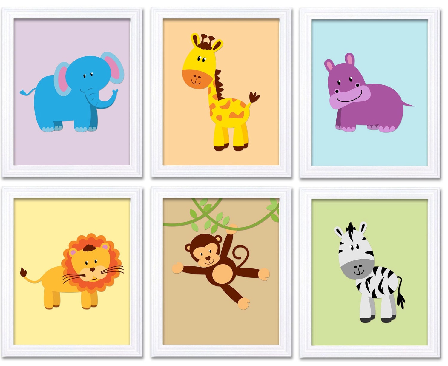 Colorful Africa Animals Jungle Nursery Art Set of 6 Prints Baby Wall Art Decor Kid Children Bedroom 