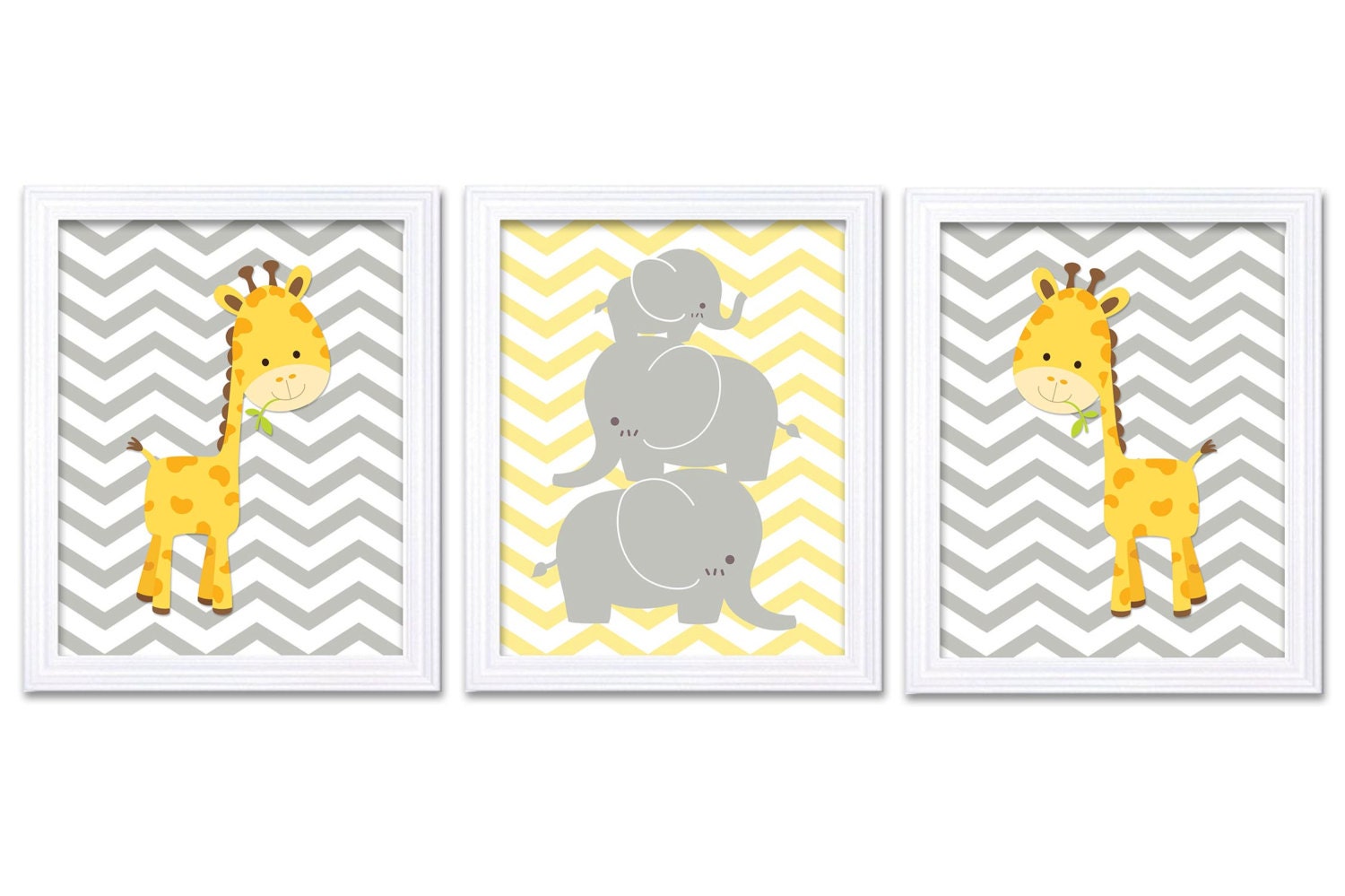 Giraffe Elephant Nursery Wall Decor Set of 3 Prints Yellow Grey Nursery Art Chevron Child Kids Baby 