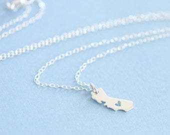 California Necklace, Sterling Silver California Heart Necklace, State Necklace, Love Necklace
