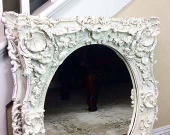 GORGEOUS WHITE MIRROR, Ornate Mirror, Oval Mirror, Vanity Mirror, Wedding Decor, Nursery Decor, Cottage Chic Mirror, Wall Mirror, Shabby