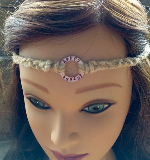 Rave Headband HandStamped Headband Jute Happy by ForestKandi