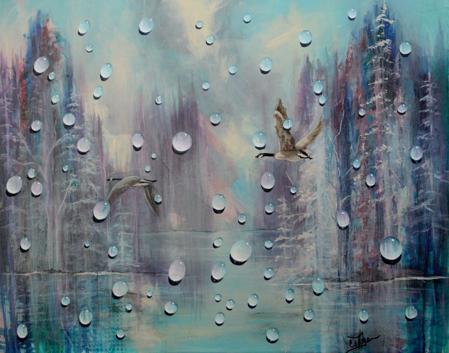 Landscape painting window painting raindrops geese acrylic