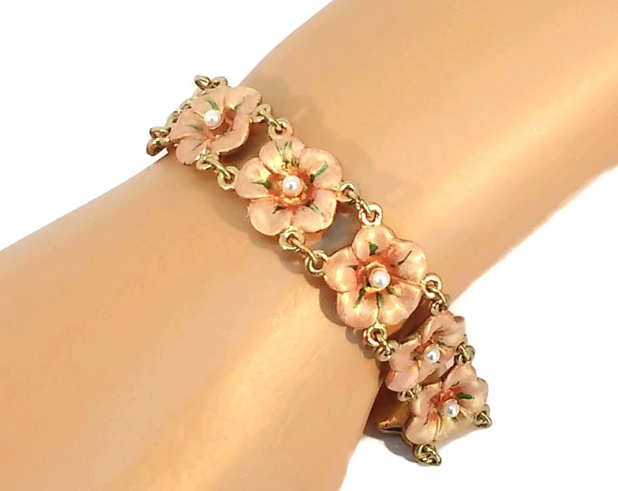 Hand Painted Flowers and Pearls Brass Chain & Link Bracelet Coral Orange w/ Green OOAK, One of a kind