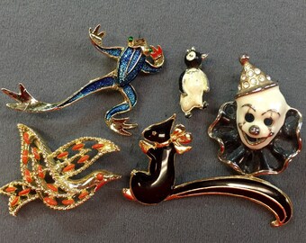 Brooch Pins: Four Animals, One Clown- Cute! Two Signed Gerrys.