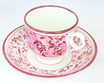Lustreware Tea Cup and Saucer, Antique Victorian Teacup Saucer, Pink Luster Ware Teacup, Vintage Tea Cup and Saucer, English China Tea Cup