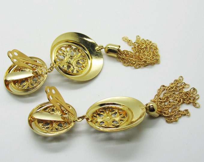 Vintage Long Tassel Earrings Gold Tone Filigree