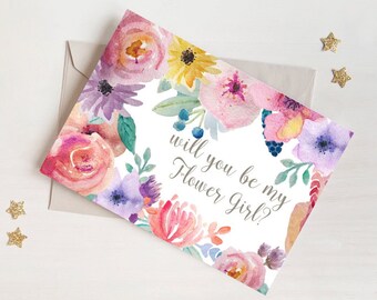 Will You Be Our Flower Girl Card - Floral, Cute Card - Vintage / Watercolour / Postcard Style