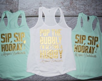Bachelorette Party Shirts Sip Sip Hooray! But First, Champagne Racerback Tank Top