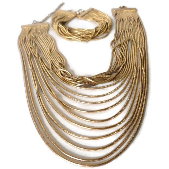 Vintage Multi Strand Gold Tone Snake Chain Layered Necklace
