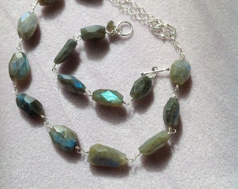 Wire wrapped blue/green flash labradorite necklace and matching bracelet. Price is for set.