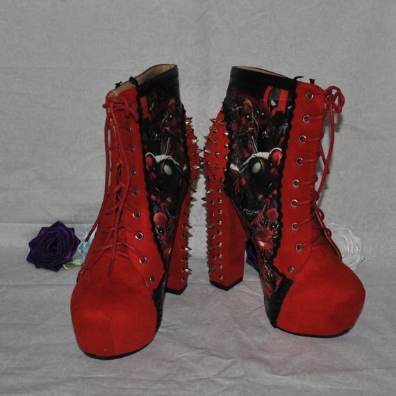 Handmade Custom Deadpool Block Heel Spiked Boots Fashion
