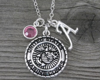 Marine Corps Necklace, Personalized Marine Corps Jewelry, Letter Birthstone, Silver Marine Corps, Marine Corps, Marine Corps Gifts