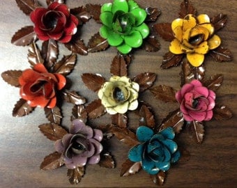 Rustic metal rose w/ leaves - approx 3.25" (many colors available)